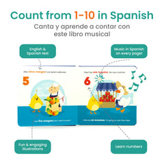 Inside pages of Binibi Spanish musical book with scenes and songs for counting practice