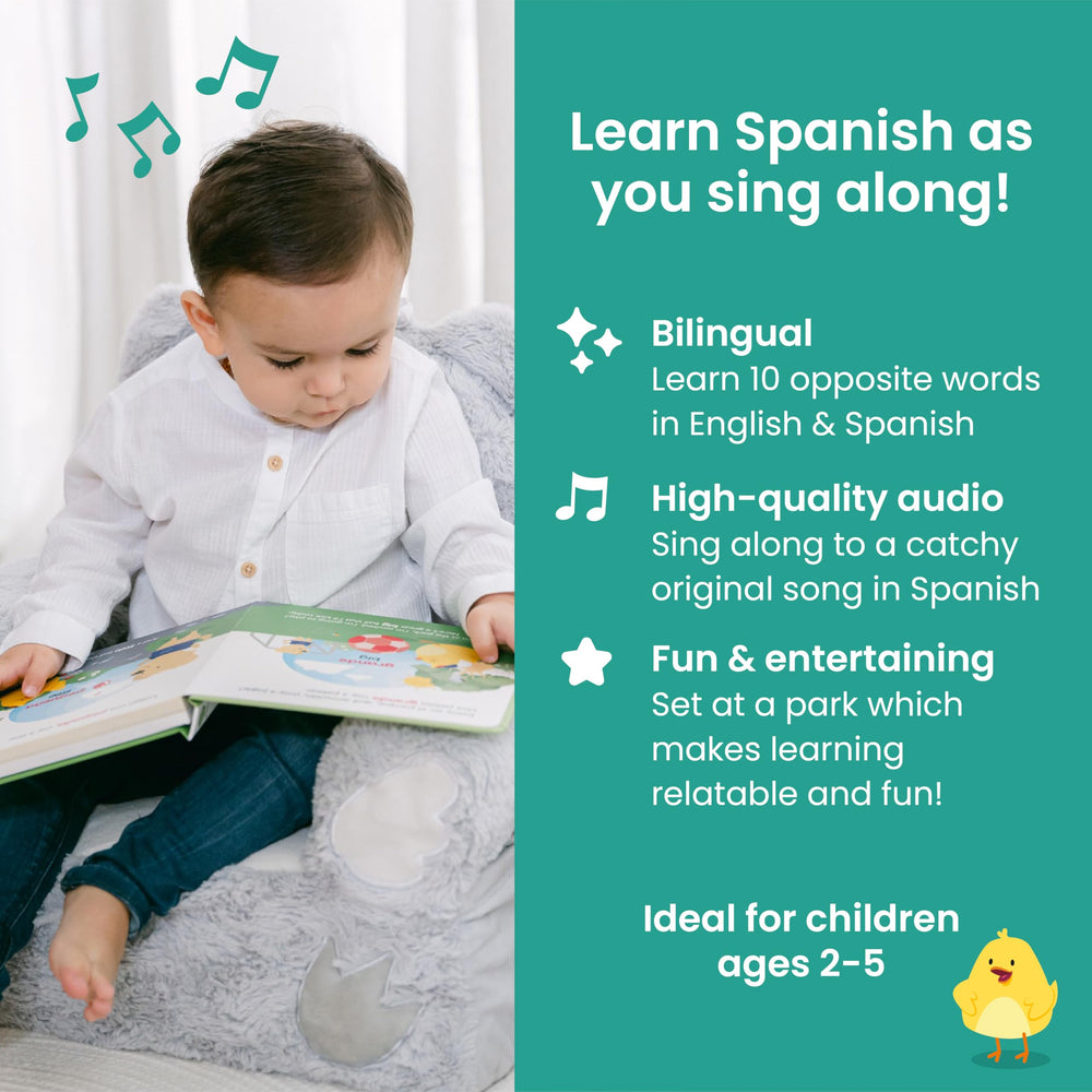 Binibi Spanish Musical Book page shows opposites in English and Spanish.