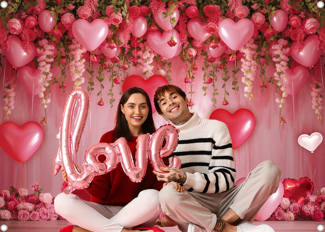 BINQOO 8x6ft pink heart backdrop provides a spacious photo background.