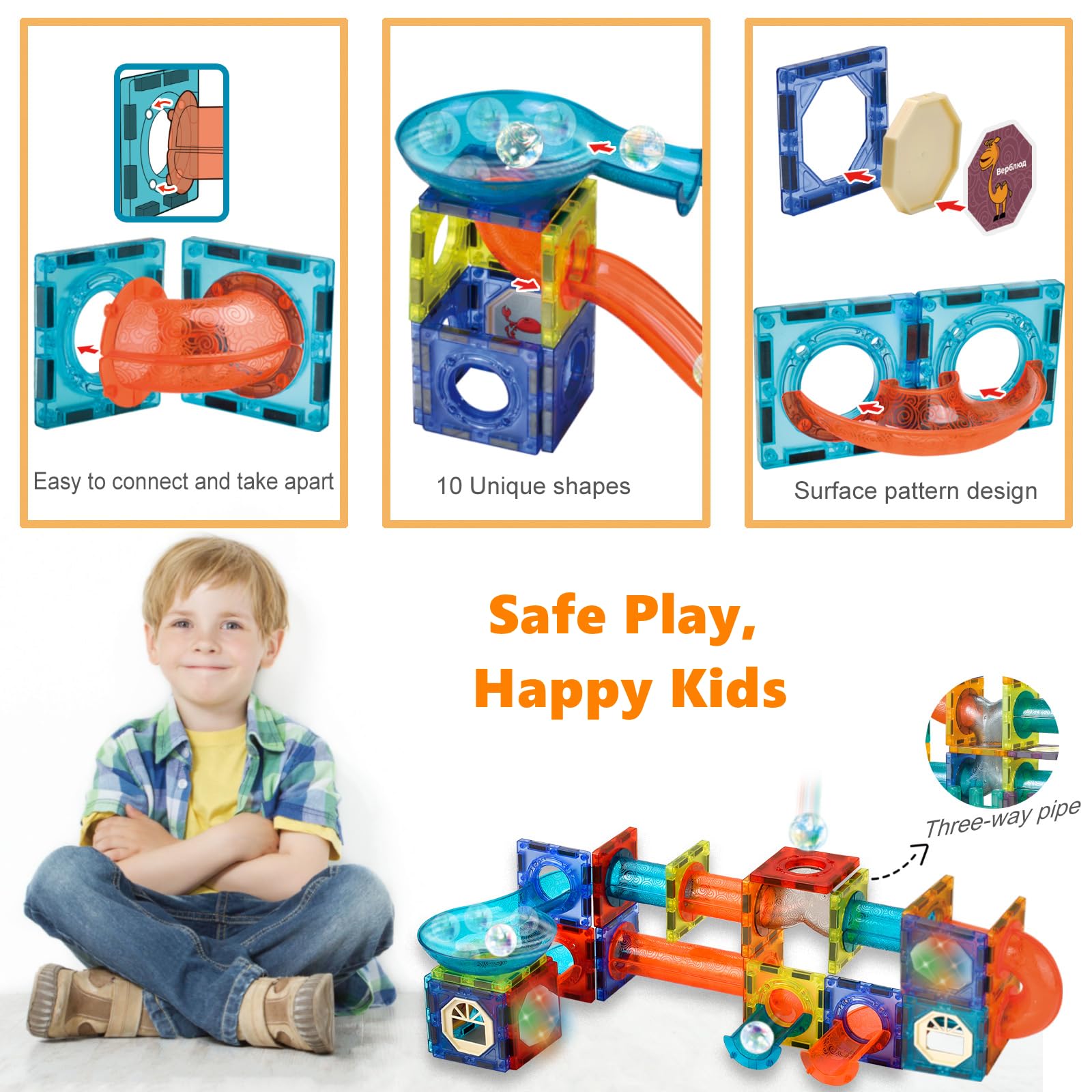 BINZKBB magnetic tiles funnel and pipe enable smooth marble track transitions.