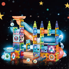 BINZKBB magnetic tiles LED marble run lights up as marbles pass, inspiring curiosity and observation.