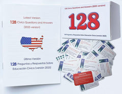 Biodison & Lee US citizenship flash cards with 128 questions for efficient study.