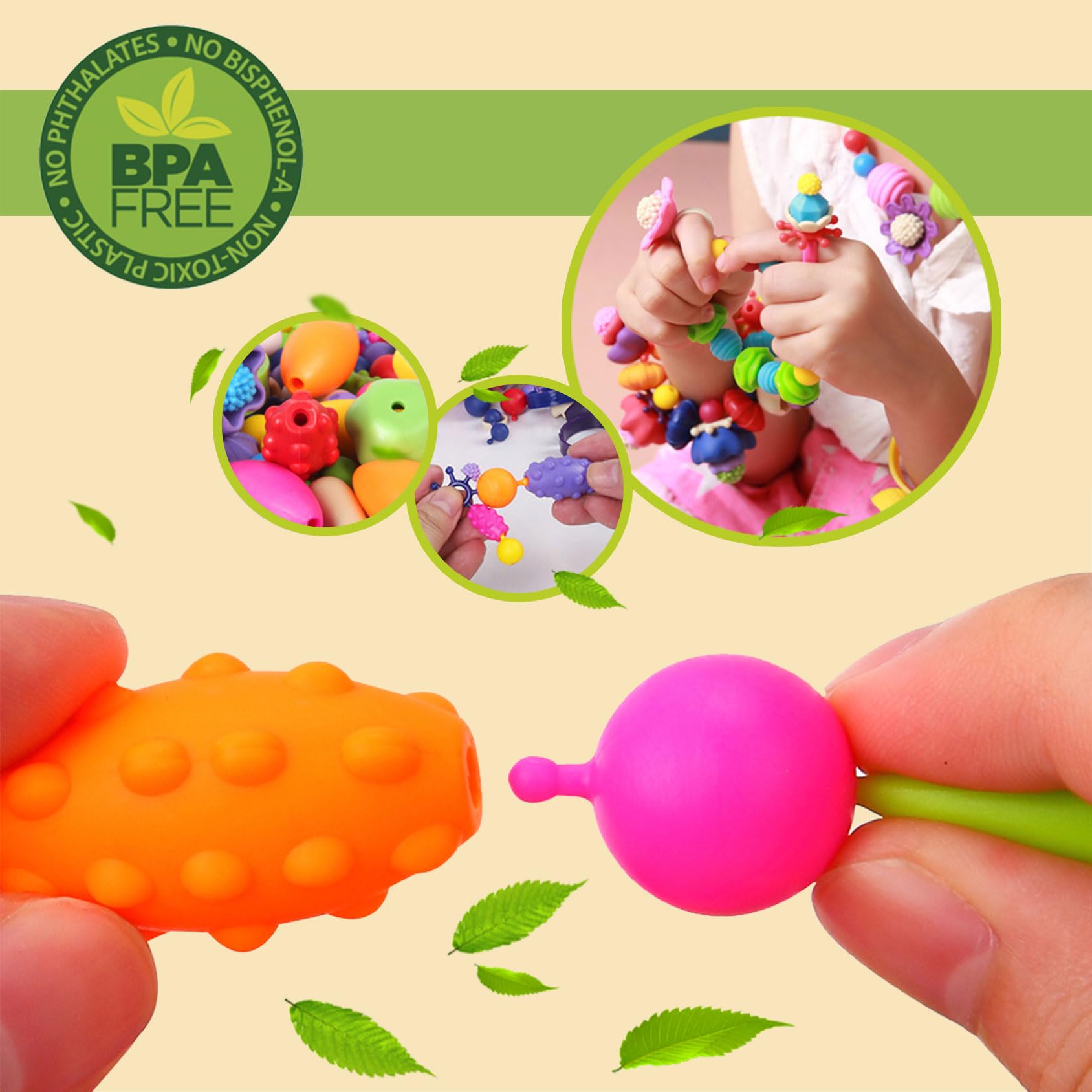 Biranco Pop Beads bracelet setup highlights kid-friendly, simple assembly.