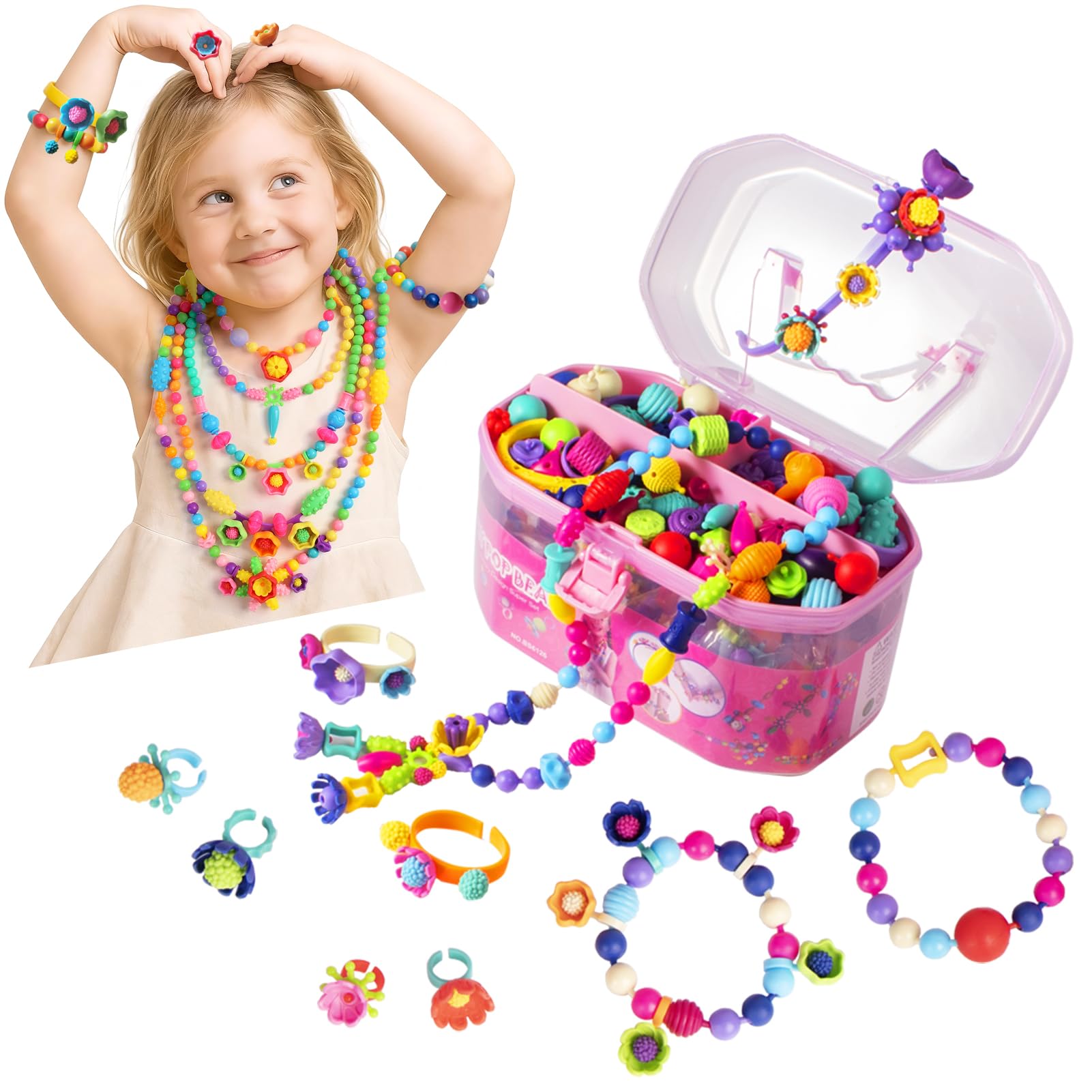 Biranco Pop Beads storage box with colorful pieces for easy crafting.