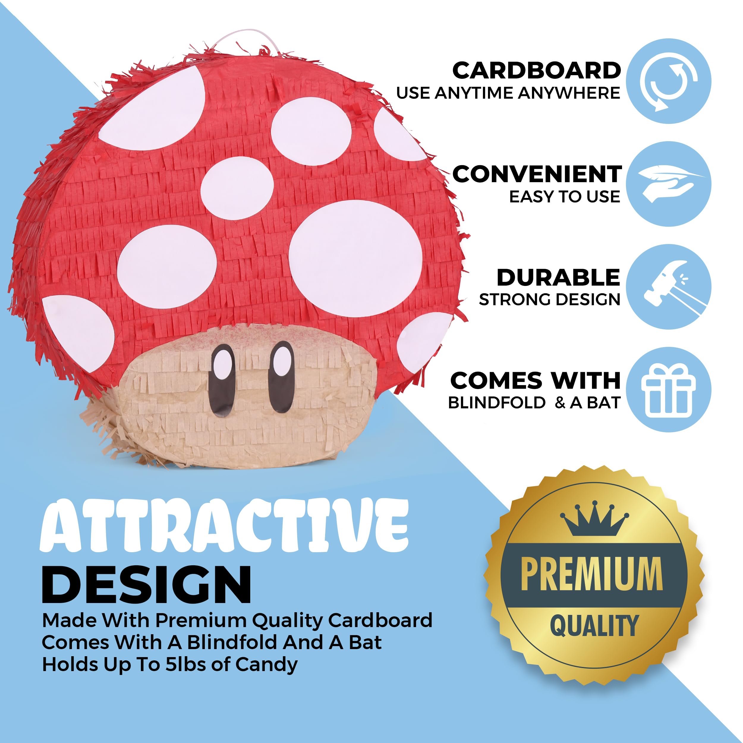 Birchio Mushroom Pinata with bat included invites playful interaction while adding party drama.