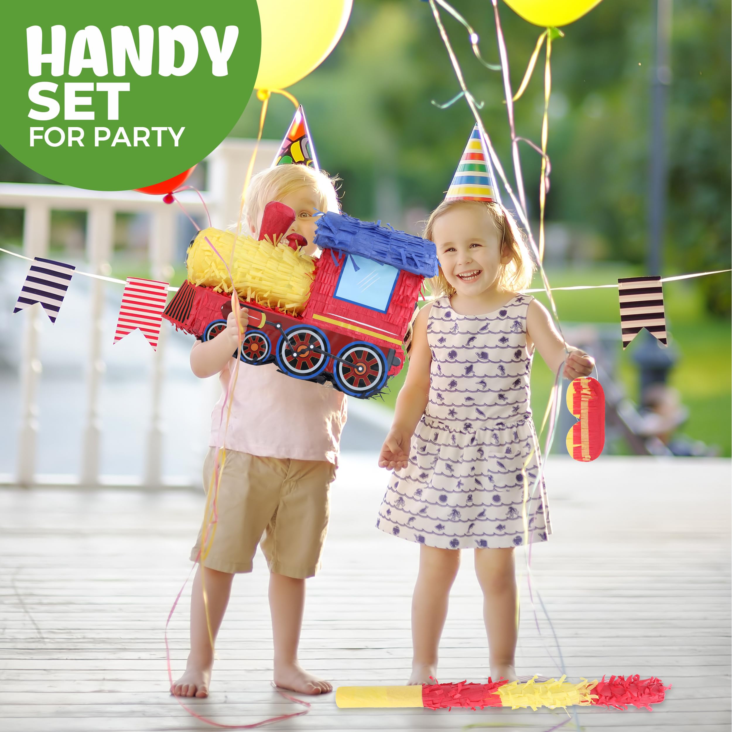 Birchio train pinata used as festive decoration for train-themed parties.