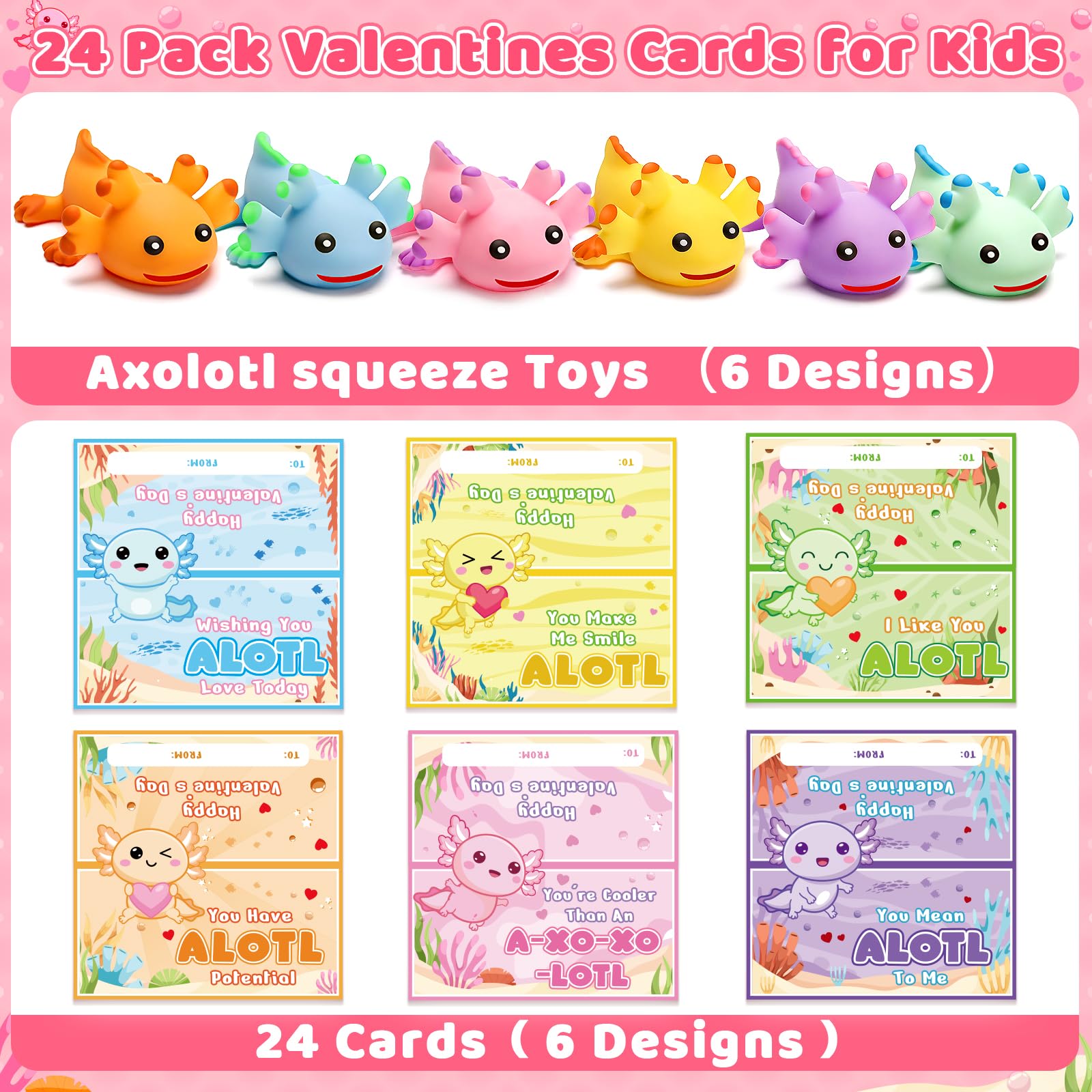 Birebebys axolotl squishy toys in six colorful designs.