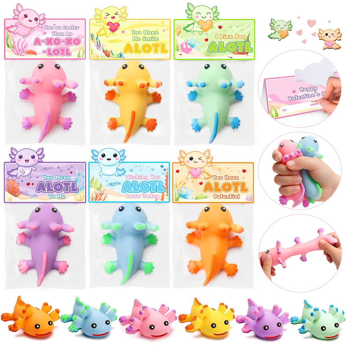 Birebebys Valentine cards and axolotl squishies for classroom exchanges.