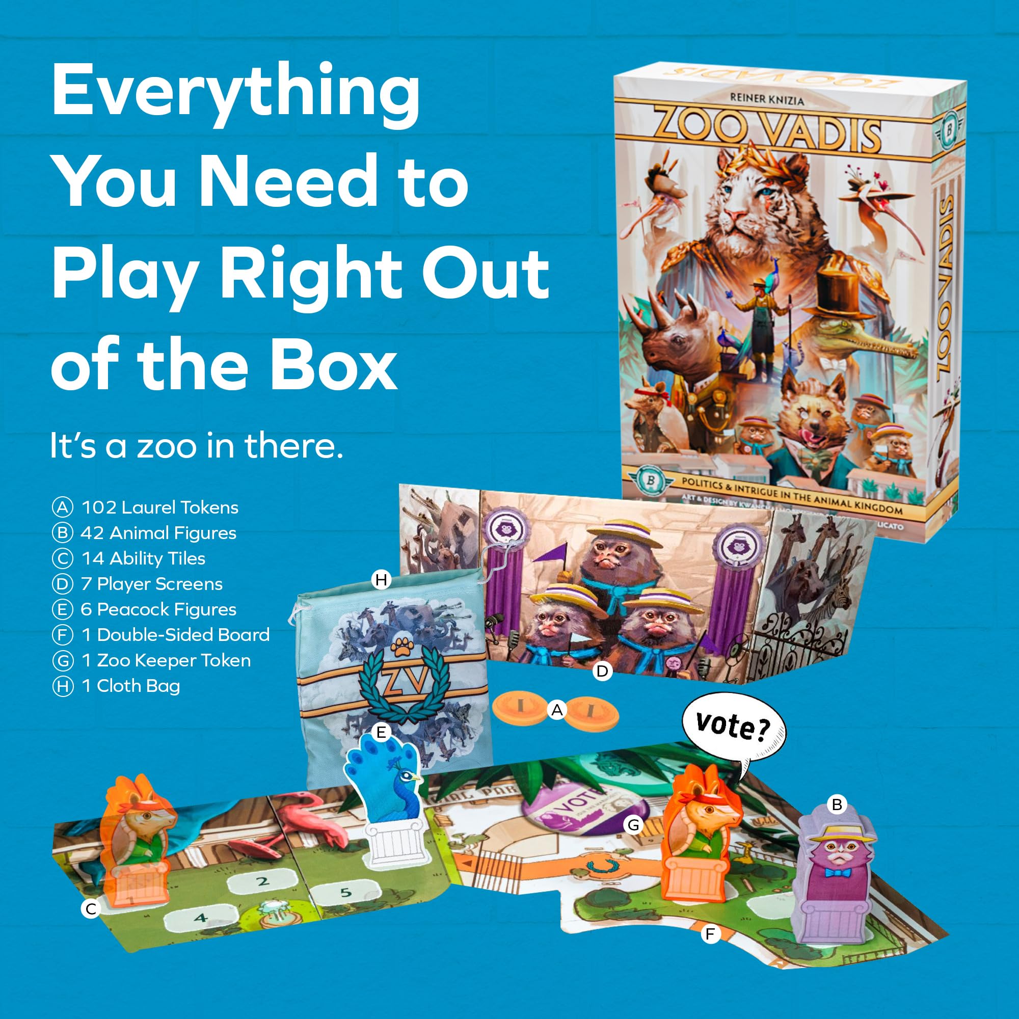Bitewing Zoo Vadis player-pieces image emphasizes 3-7 players for flexible gatherings.