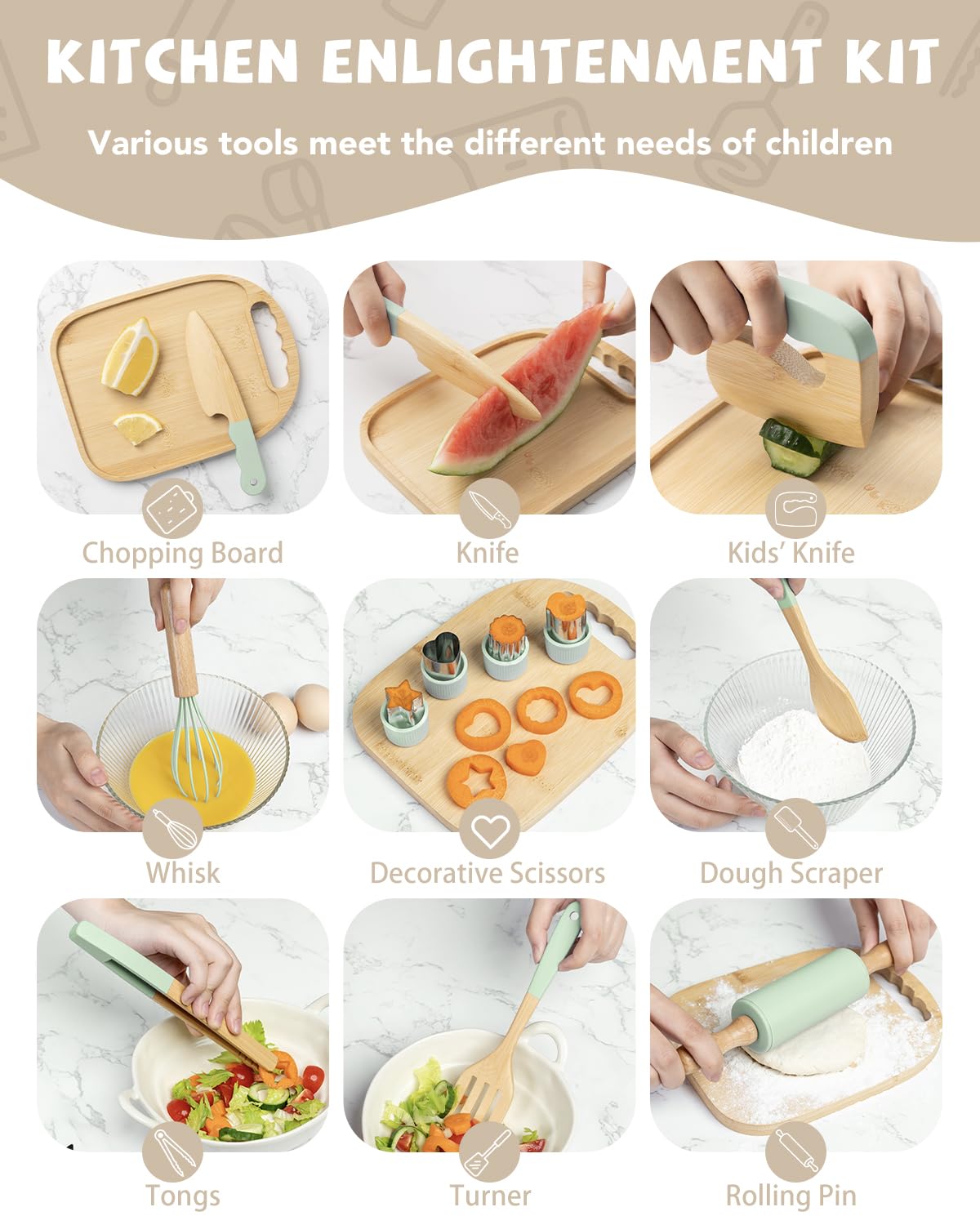 Biticolor wooden kids cooking set cutting board for realistic meal prep play