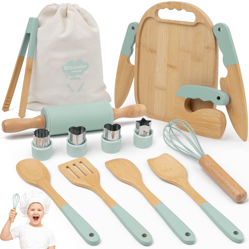 Biticolor wooden kids cooking set spatulas for imaginative pretend play and safe stirring