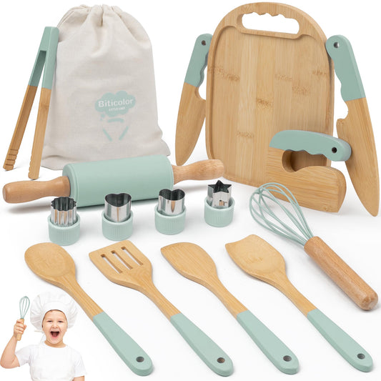 Biticolor wooden kids cooking set spatulas for imaginative pretend play and safe stirring