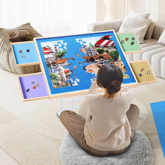 BittPicc puzzle table demonstrates adjustable height from 24.4 to 34.6 inches for comfortable seating during long sessions.