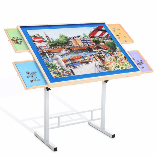 BittPicc puzzle table with large work space showcases 34"×26.1" surface for 1500-piece puzzles, ideal for family nights.