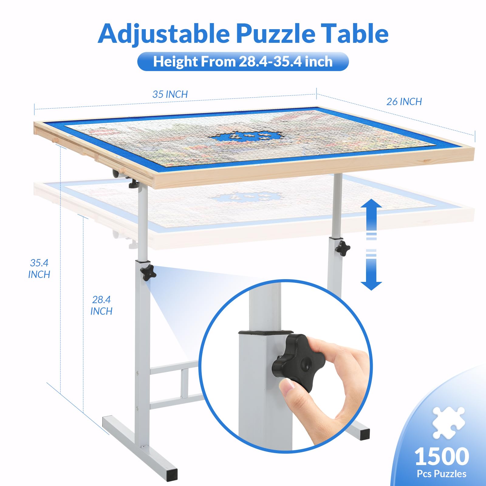 BittPicc puzzle table tilts from 0° to 360° for ergonomic viewing and flexible angles.