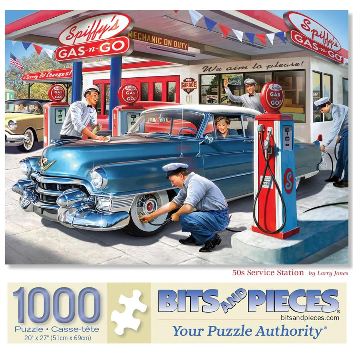 Bits and Pieces 1000-piece puzzle of a gas station scene, ideal for family puzzle nights.