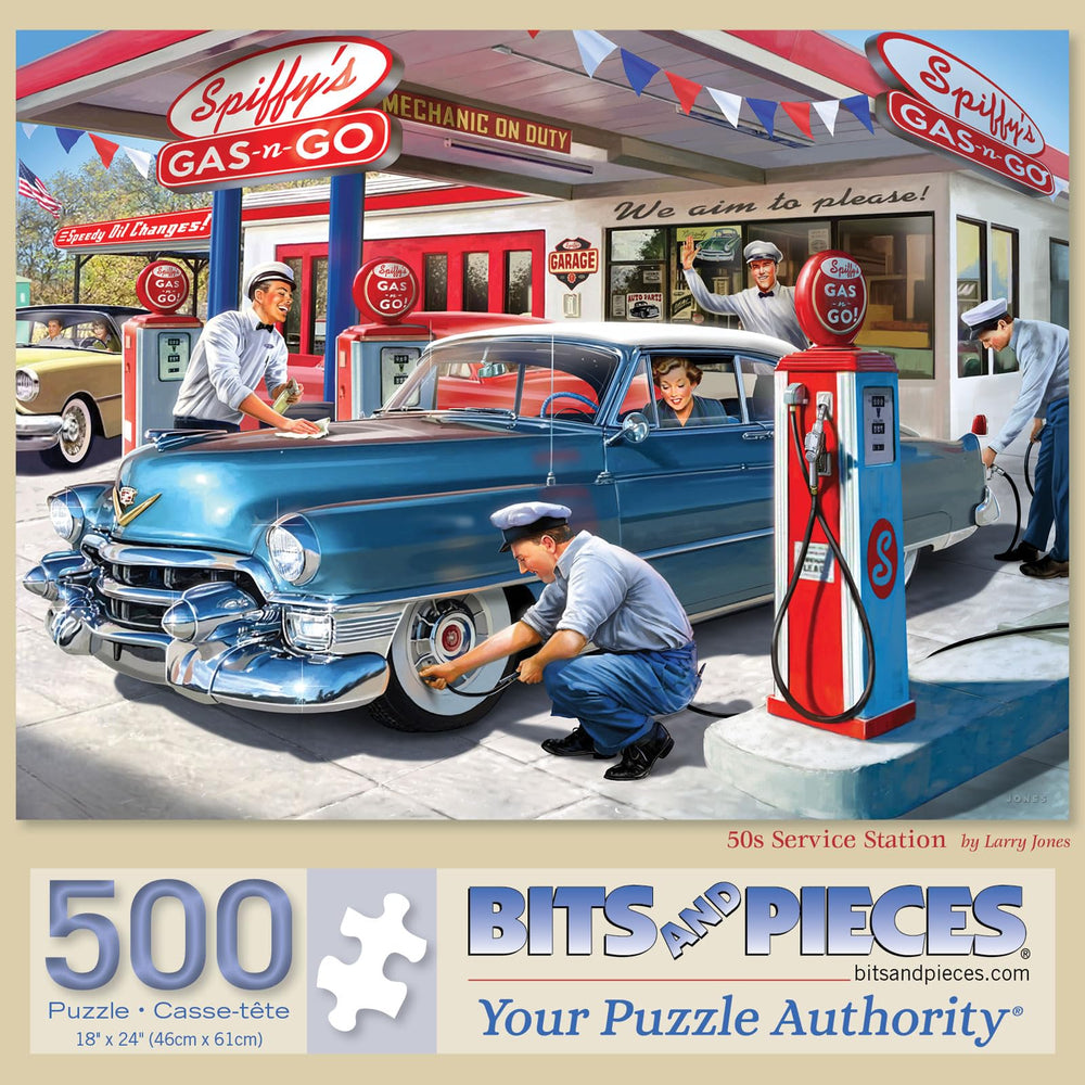 Bits and Pieces puzzle with a colorful 1950s gas station scene for family fun