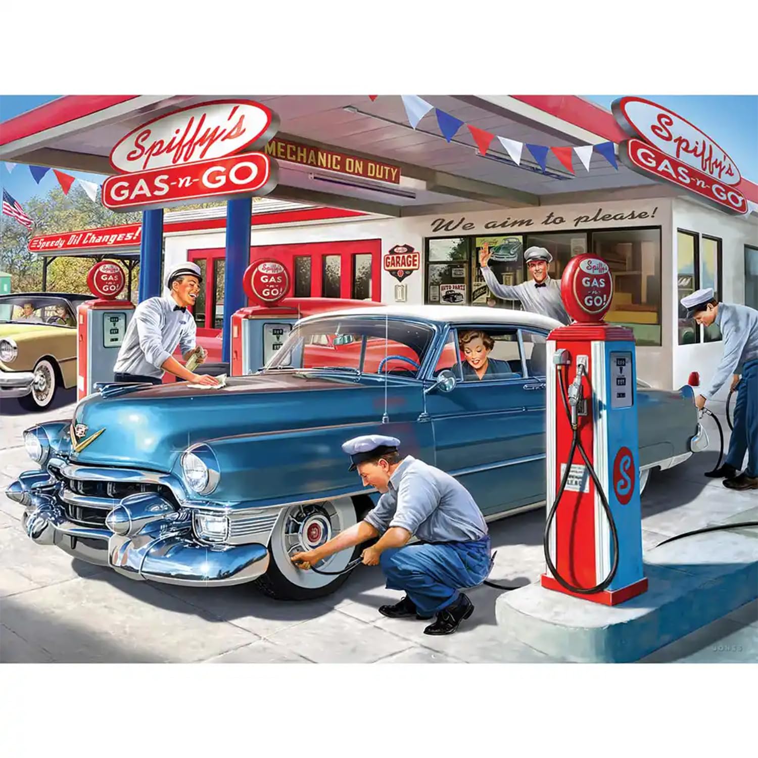 Bits and Pieces 1950s service station artwork captures chrome cars, a nostalgic family activity.