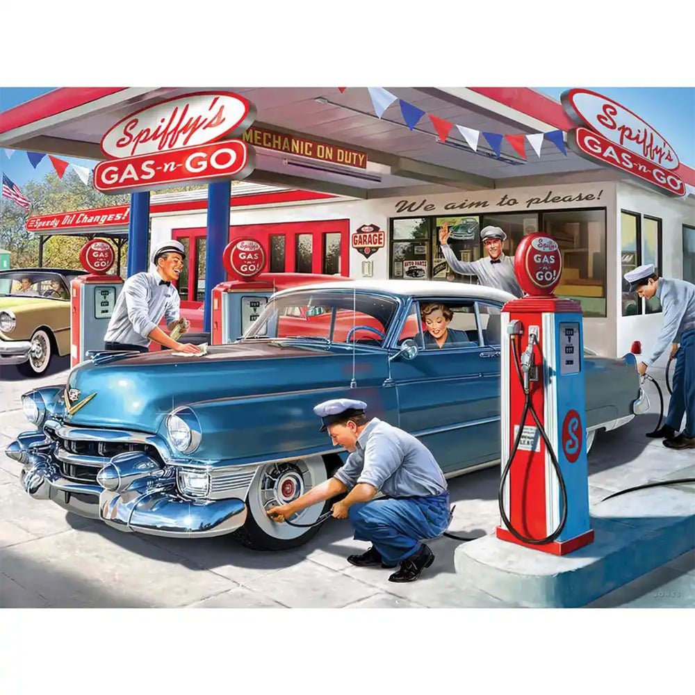 Bits and Pieces 1950s service station artwork captures chrome cars, a nostalgic family activity.