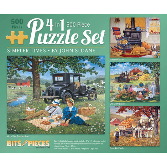 Bits and Pieces 4-in-1 puzzle bundle close-up shows vibrant pieces for family activity.