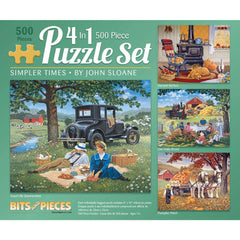 Bits and Pieces 4-in-1 puzzle bundle close-up shows vibrant pieces for family activity.