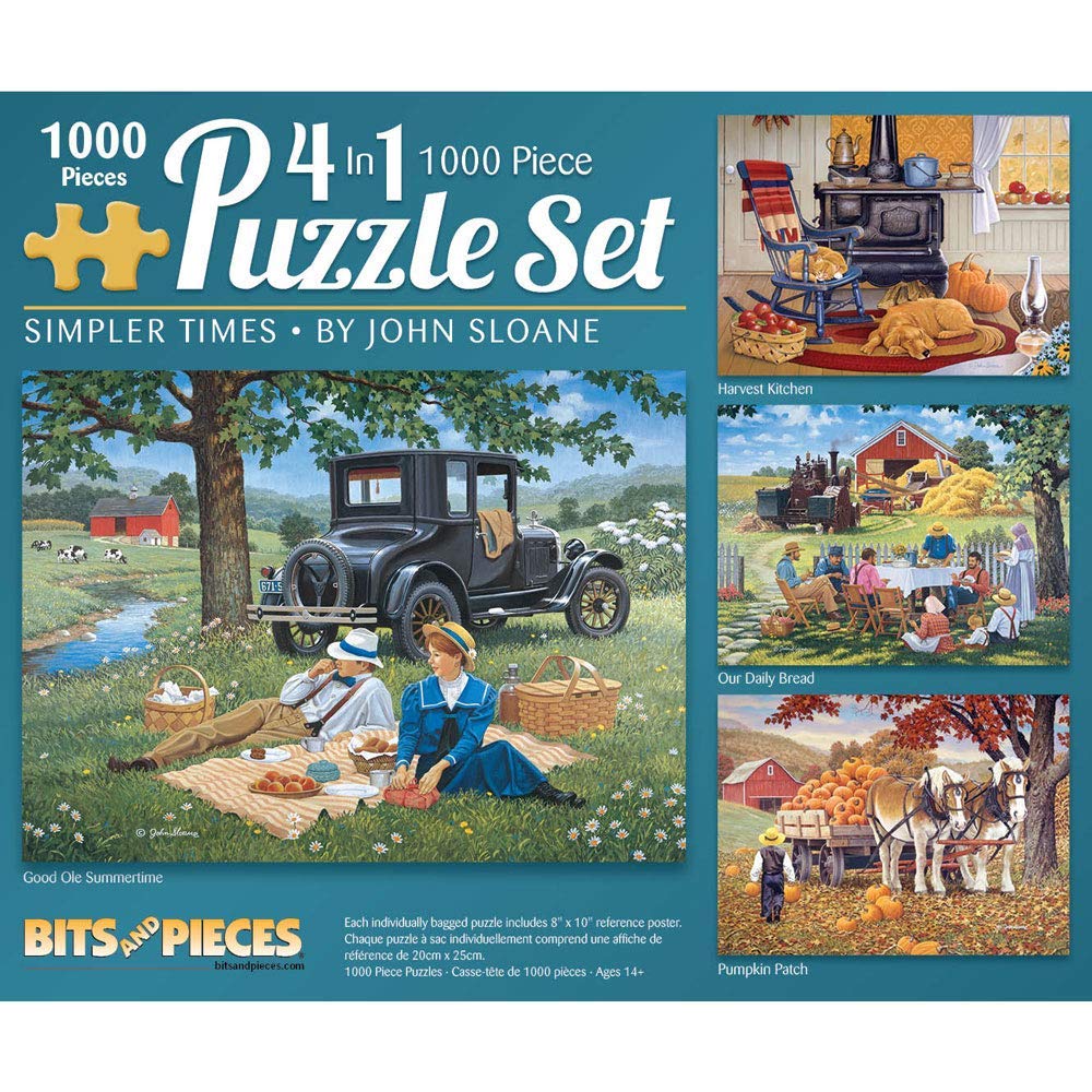 Bits and Pieces 4-in-1 puzzle set showcase with four 1000-piece designs for adults.