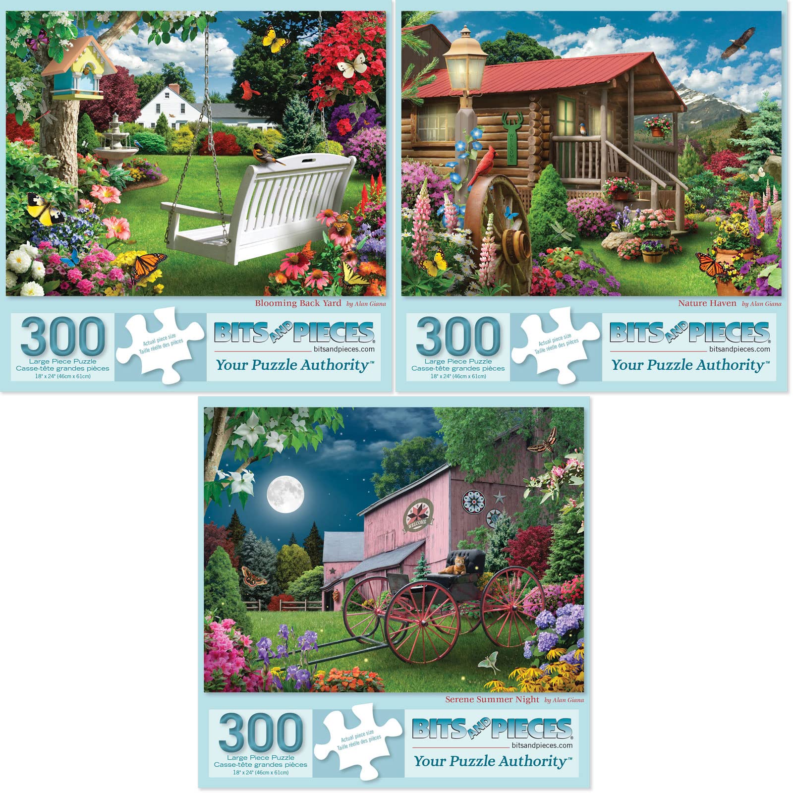 Bits and Pieces Blooming Back Yard puzzle image showing vibrant garden scenes for relaxing evenings.