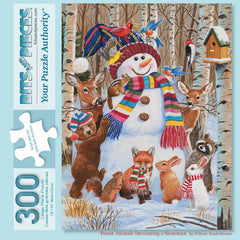 Bits and Pieces forest-animals-decorating-snowman puzzle shows a cozy winter scene for family nights