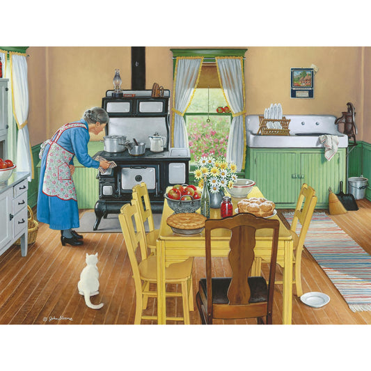 Bits and Pieces nostalgic cooking artwork inviting calm focus during downtime.