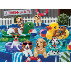 Bits and Pieces Puppy Pool Party puzzle scene, vibrant summer imagery for relaxing family puzzle sessions.