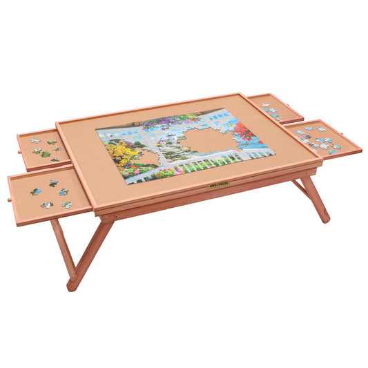Bits and Pieces portable puzzle board with cover and legs keeps puzzles organized.