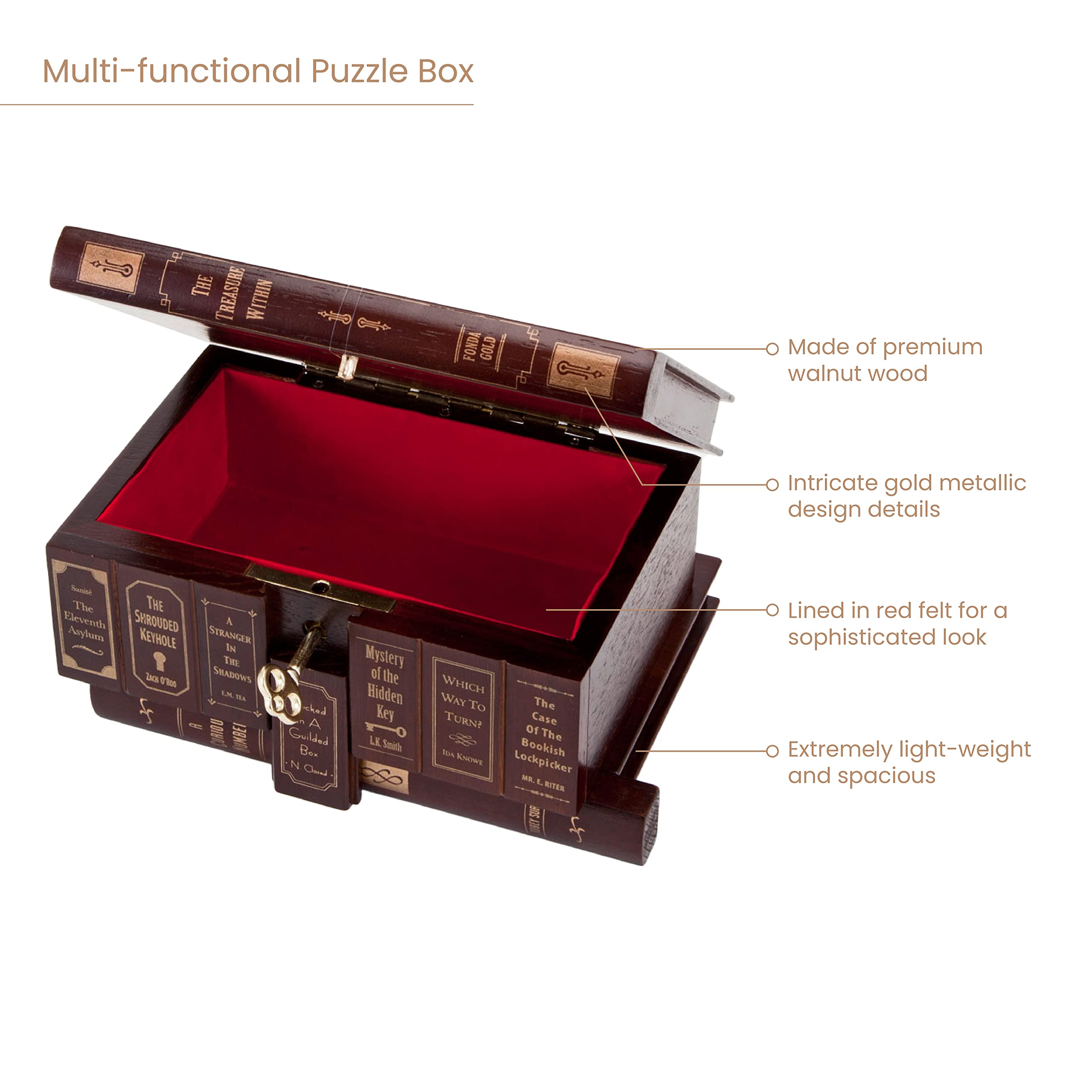Bits and Pieces puzzle box brass key compartment enables secure access.
