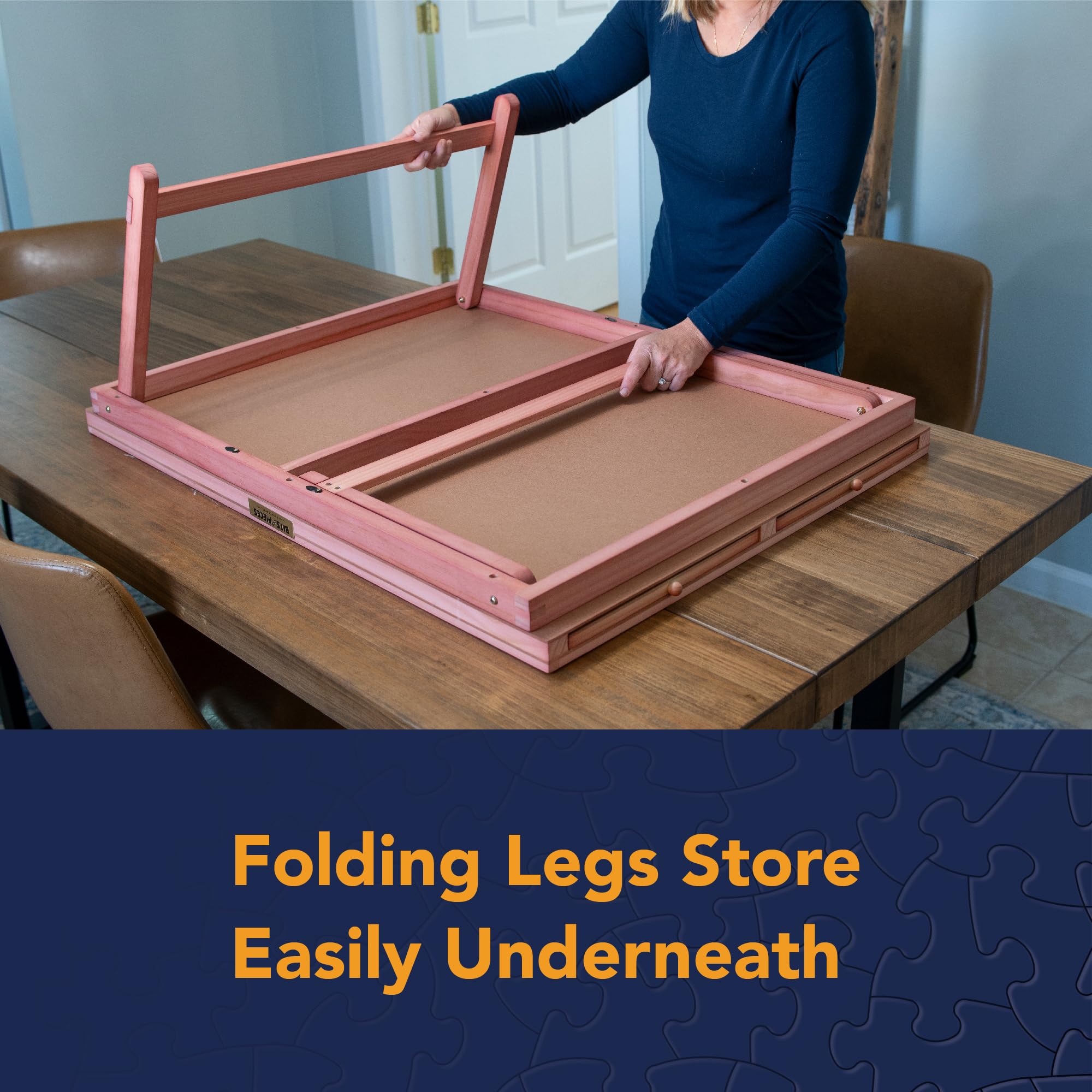Bits and Pieces puzzle table with extendable legs for adjustable height.