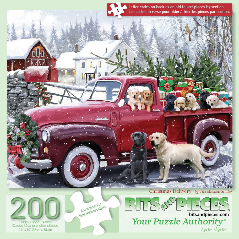 Bits and Pieces red truck presents dogs 200pc puzzle for cozy family evenings.