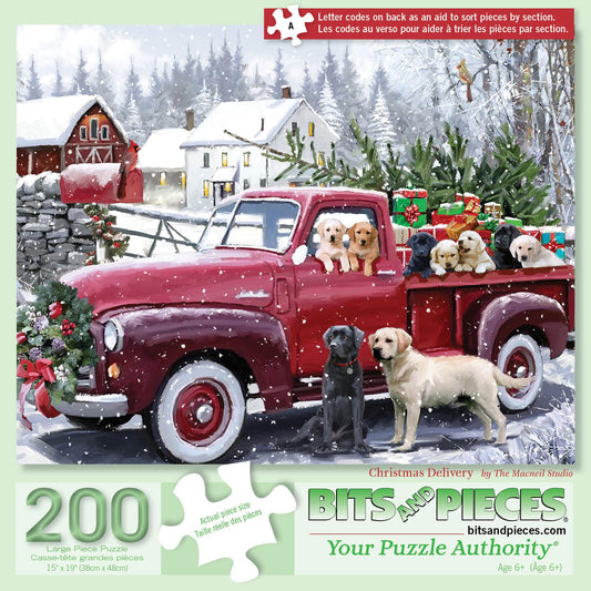 Bits and Pieces red truck presents dogs 200pc puzzle for cozy family evenings.