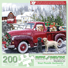 Bits and Pieces red truck presents dogs 200pc puzzle for cozy family evenings.