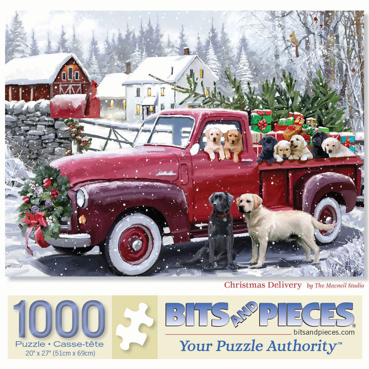 Bits and Pieces red truck presents puppies puzzle with vibrant colors for festive fun.