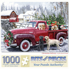 Bits and Pieces red truck presents puppies puzzle with vibrant colors for festive fun.