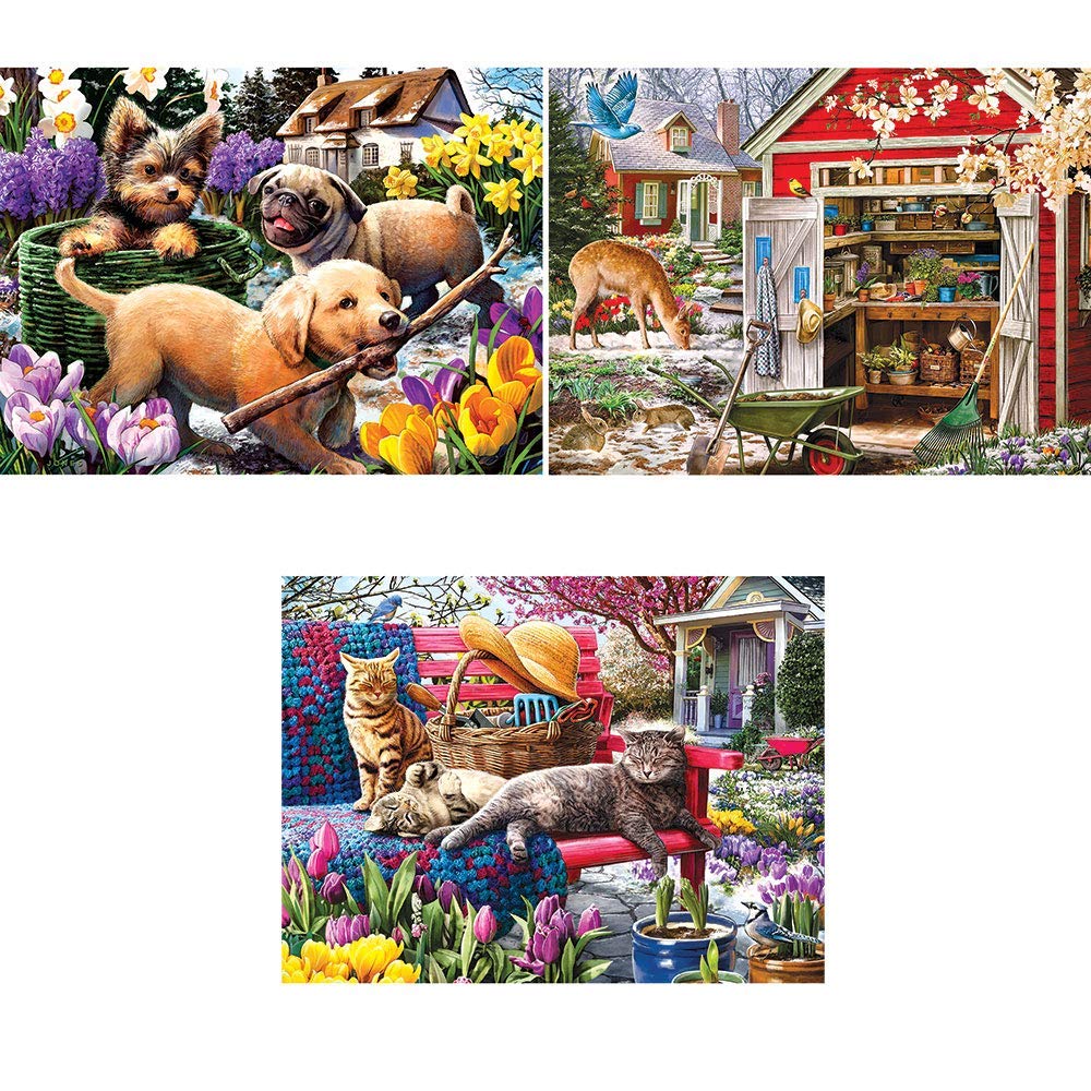 Bits and Pieces Signs of Spring puzzle with puppies in the garden, ideal for family time