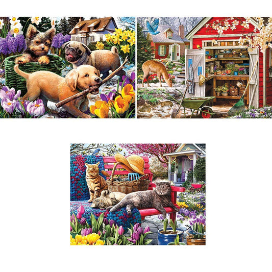 Bits and Pieces Signs of Spring puzzle with puppies in the garden, ideal for family time