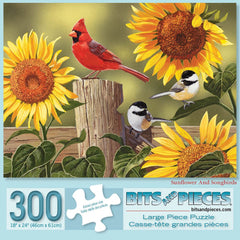 Bits and Pieces sunflower-songbirds puzzle cover showcases cheerful garden birds for a relaxing quiet-time activity.