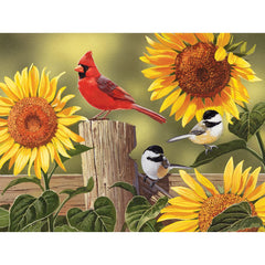 Bits and Pieces sunflowers and songbirds puzzle image, a vivid garden scene for relaxing evenings.