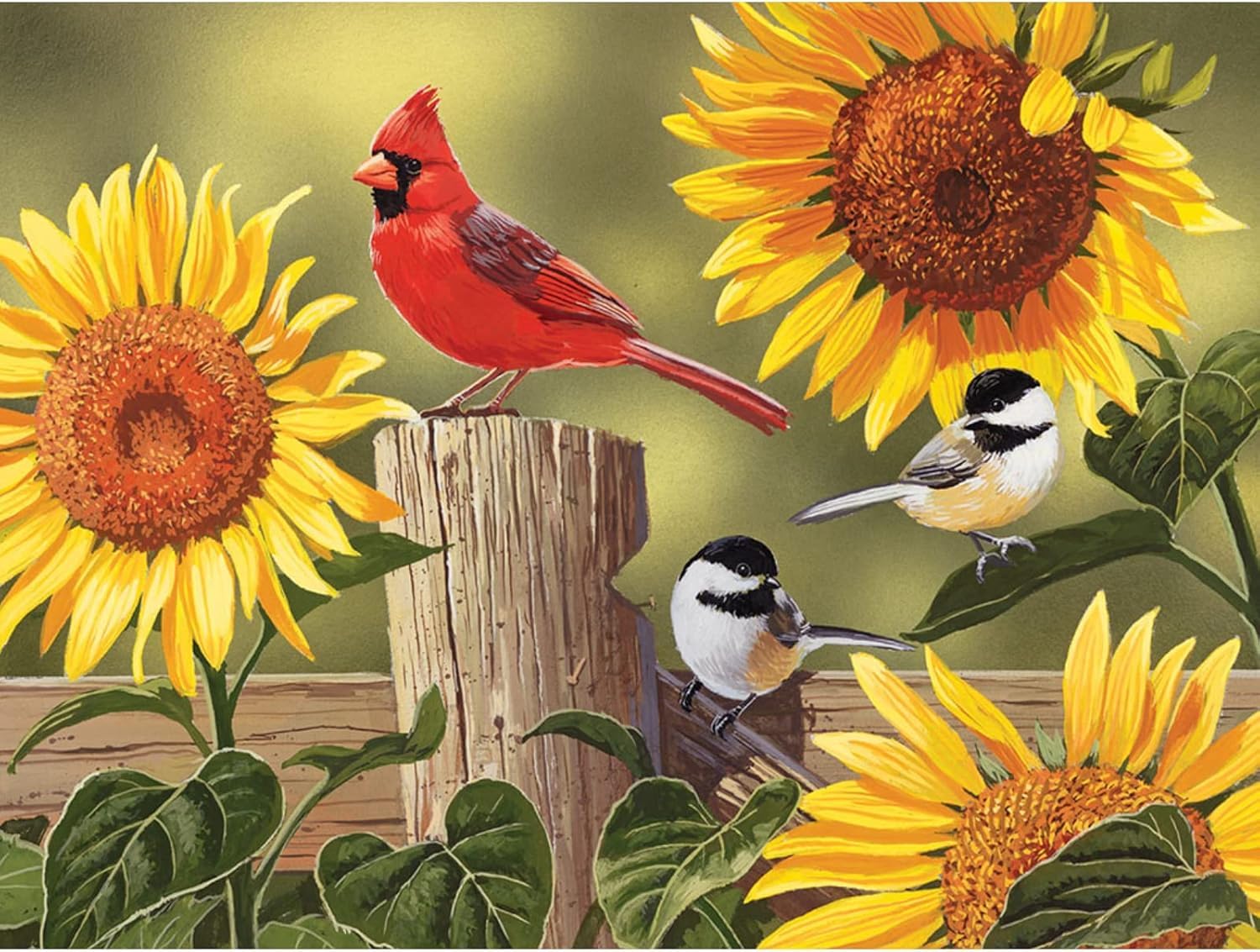 Bits and Pieces sunflowers-birds-artwork-detail highlights vibrant color and intricate imagery for focused assembling.