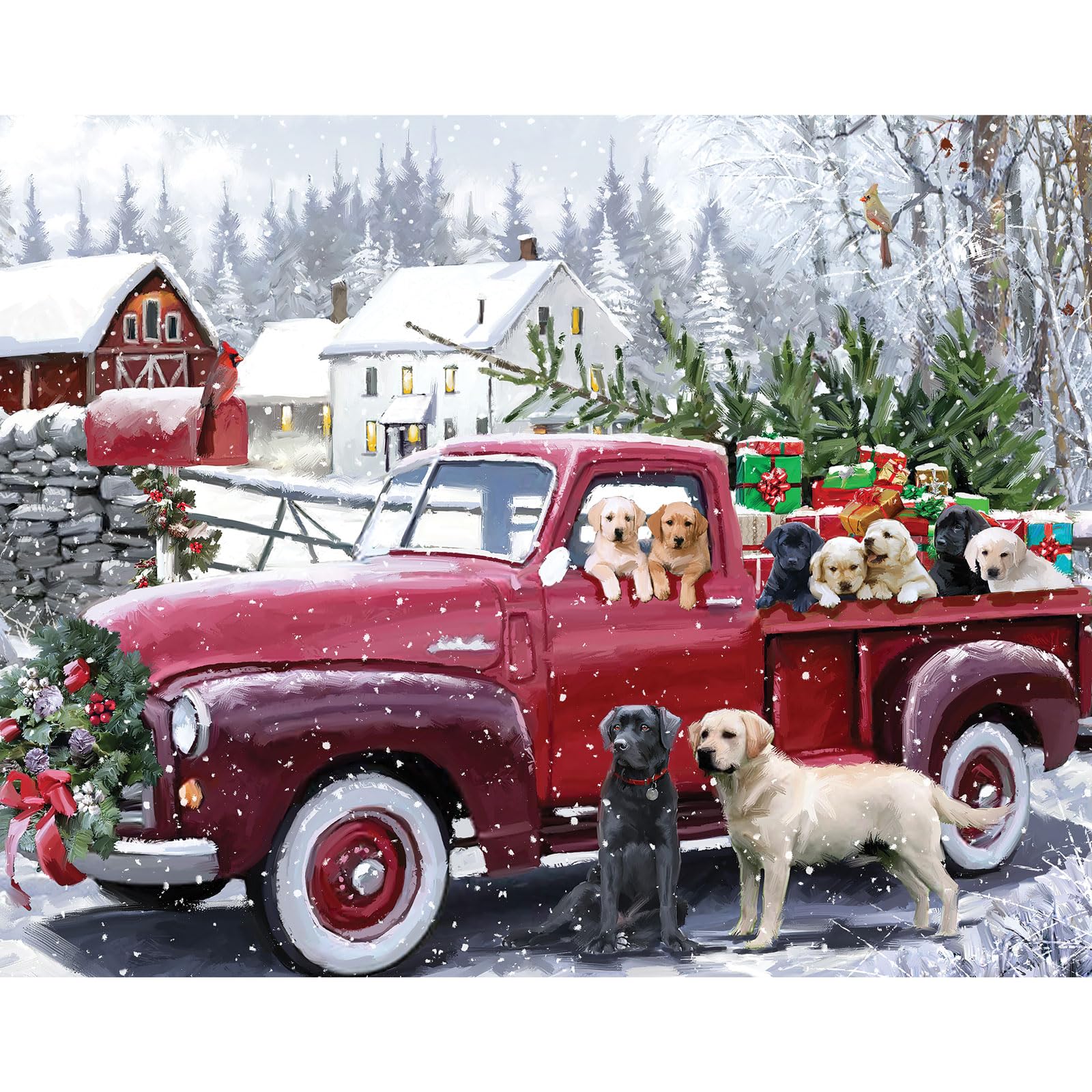 Bits and Pieces vintage Christmas truck puzzle with puppies, perfect for relaxed weekend puzzles.