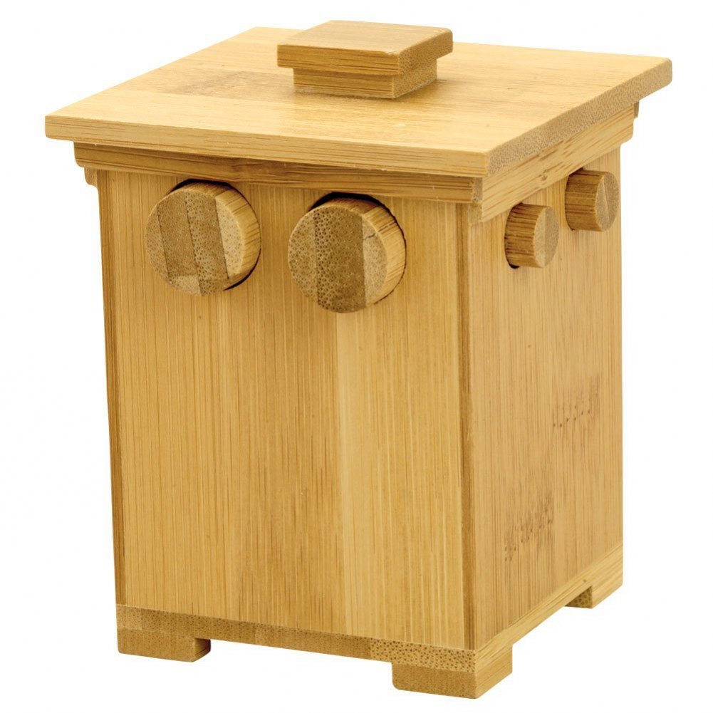 Bits and Pieces wooden puzzle box with bamboo tower cover, a clever unlock challenge for desks