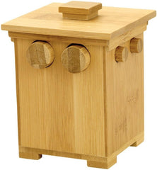 Bits and Pieces bamboo puzzle box measures 4 inches by 2-5/8 inches by 2-5/8 inches for compact display