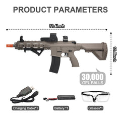 BIU BLASTER 30-Inch Gel Ball Blaster contents box includes blaster, rounds, battery and accessories.