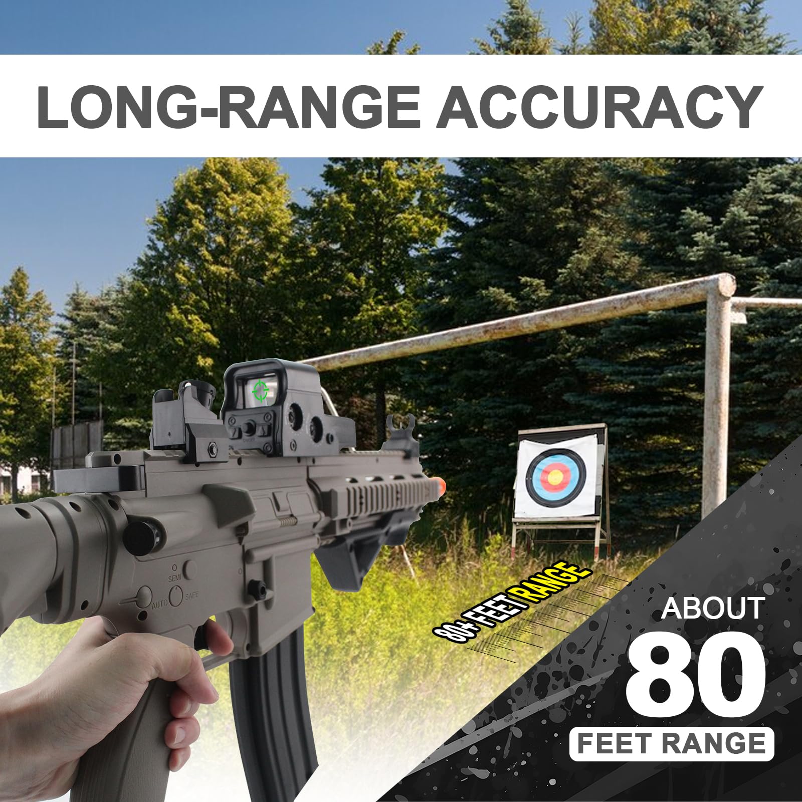 BIU BLASTER 30-Inch Gel Ball Blaster holographic scope offers precise aiming in outdoor skirmishes.