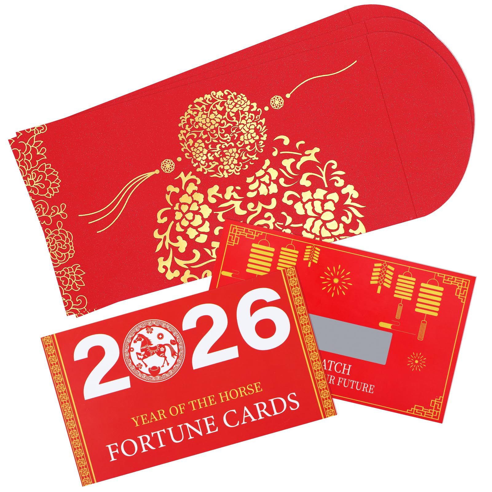 Biubee family celebration setup showing 25 red envelopes and cards