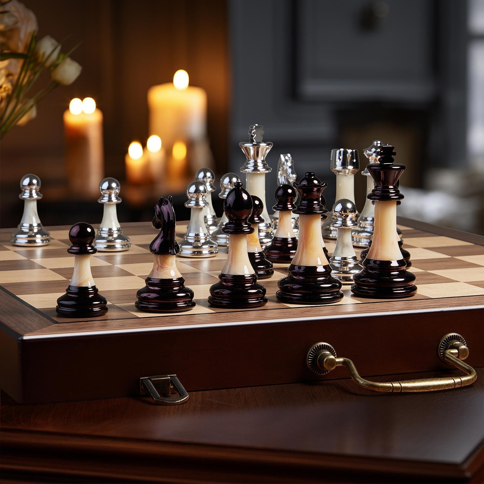 Leather-felt bottoms on pieces protect the board and reduce noise.
